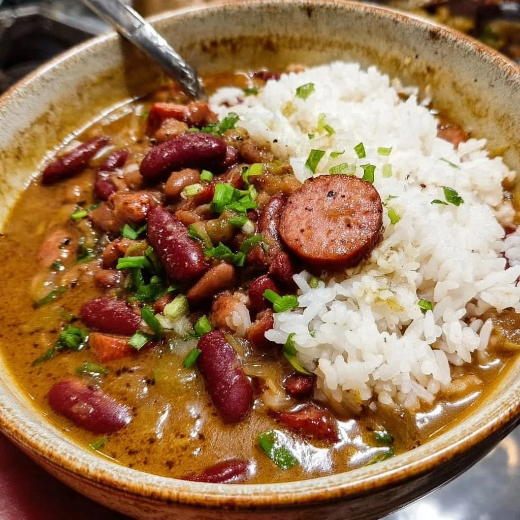 A bowl of Louisiana red beans and rice topped with herbs and spices.