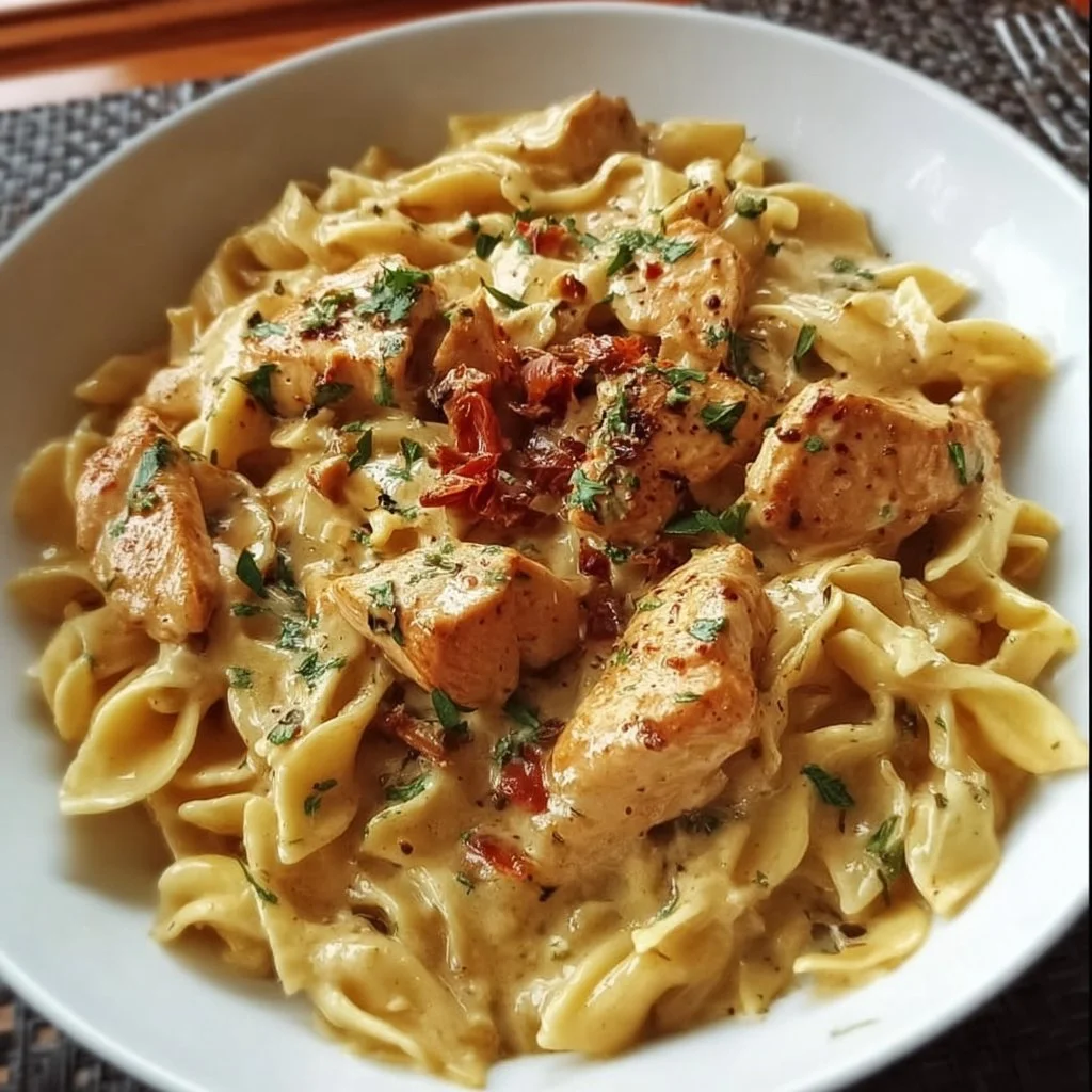 Marry Me Chicken Pasta - Creamy & Easy Dinner 1 Plate of creamy Marry Me Chicken Pasta garnished with herbs
