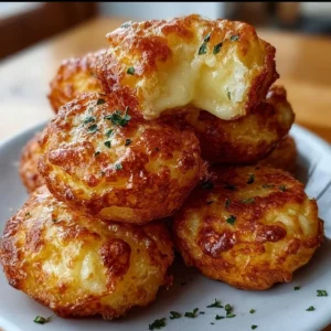 Golden Mashed Potato Cheese Puffs served on a plate, garnished with herbs.