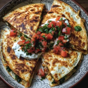 Mediterranean Quesadillas 3 Plate of Mediterranean Quesadillas filled with vegetables and cheese.
