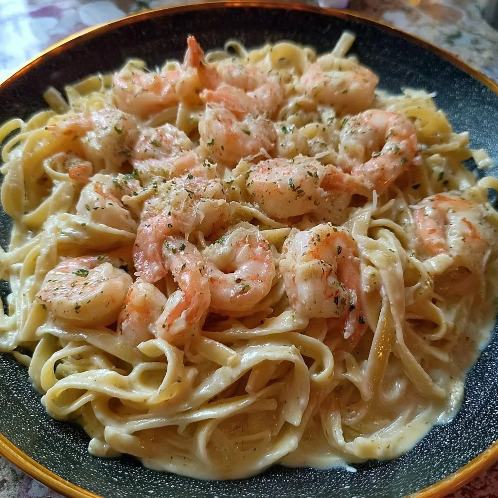 One Pan Shrimp Fettuccine Alfredo served in a white bowl garnished with parsley.