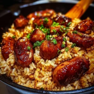 One-Pan Sweet and Tangy BBQ Sausage Rice dish with colorful ingredients