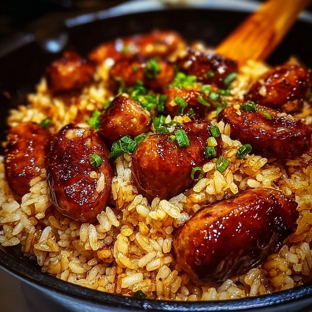 One-Pan Sweet and Tangy BBQ Sausage Rice dish with colorful ingredients