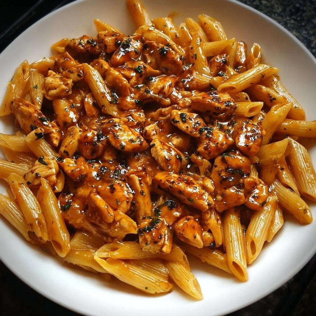 Delicious One-Pan Tangy Honey BBQ Chicken Penne with vibrant ingredients.