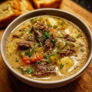 Delicious One-Pot Philly Cheesesteak Soup garnished with fresh herbs.