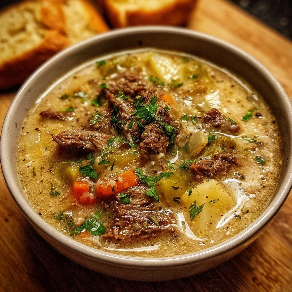 Delicious One-Pot Philly Cheesesteak Soup garnished with fresh herbs.