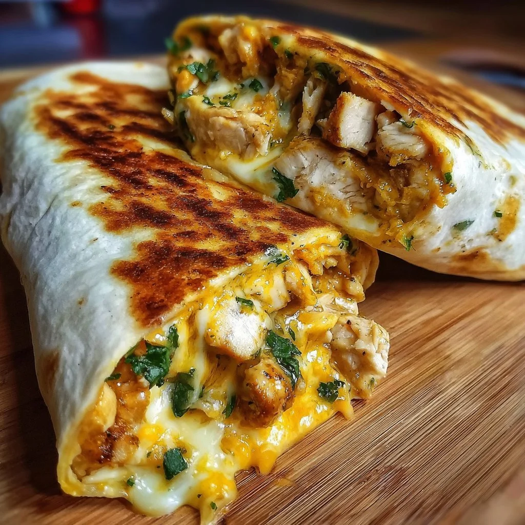 Cheesy garlic chicken wraps filled with ooey-gooey goodness