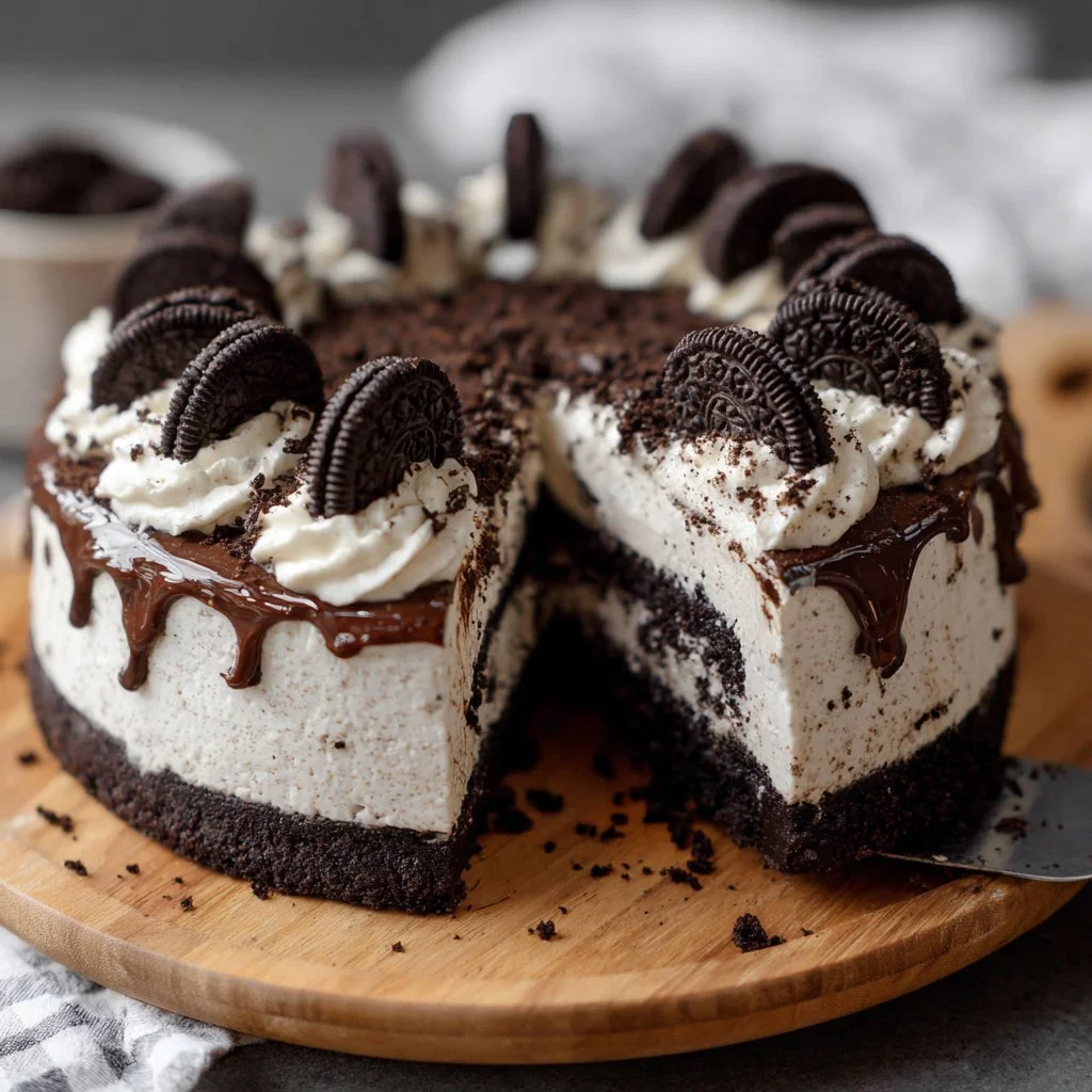 Decadent Oreo Cookie Cake topped with cream and Oreo crumbles.