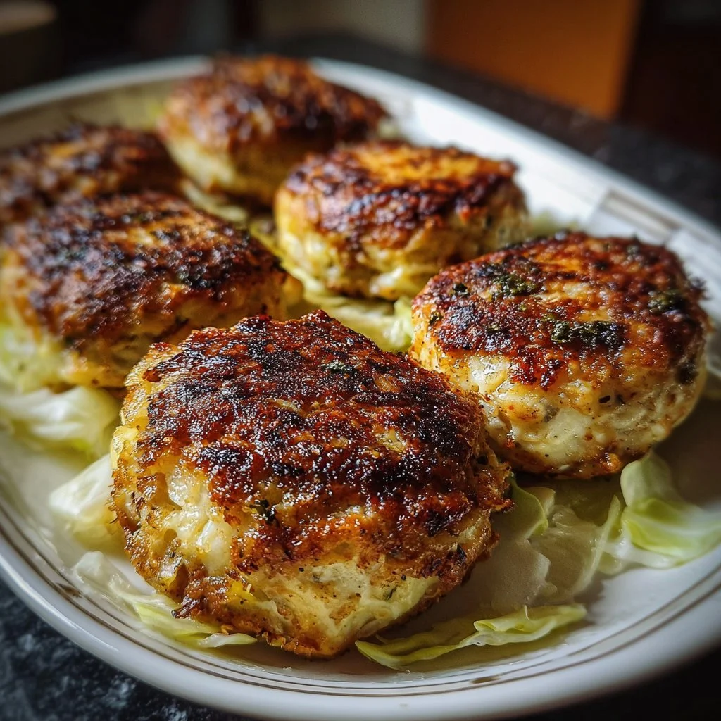 Oven-baked cabbage burgers served on a plate with fresh toppings.