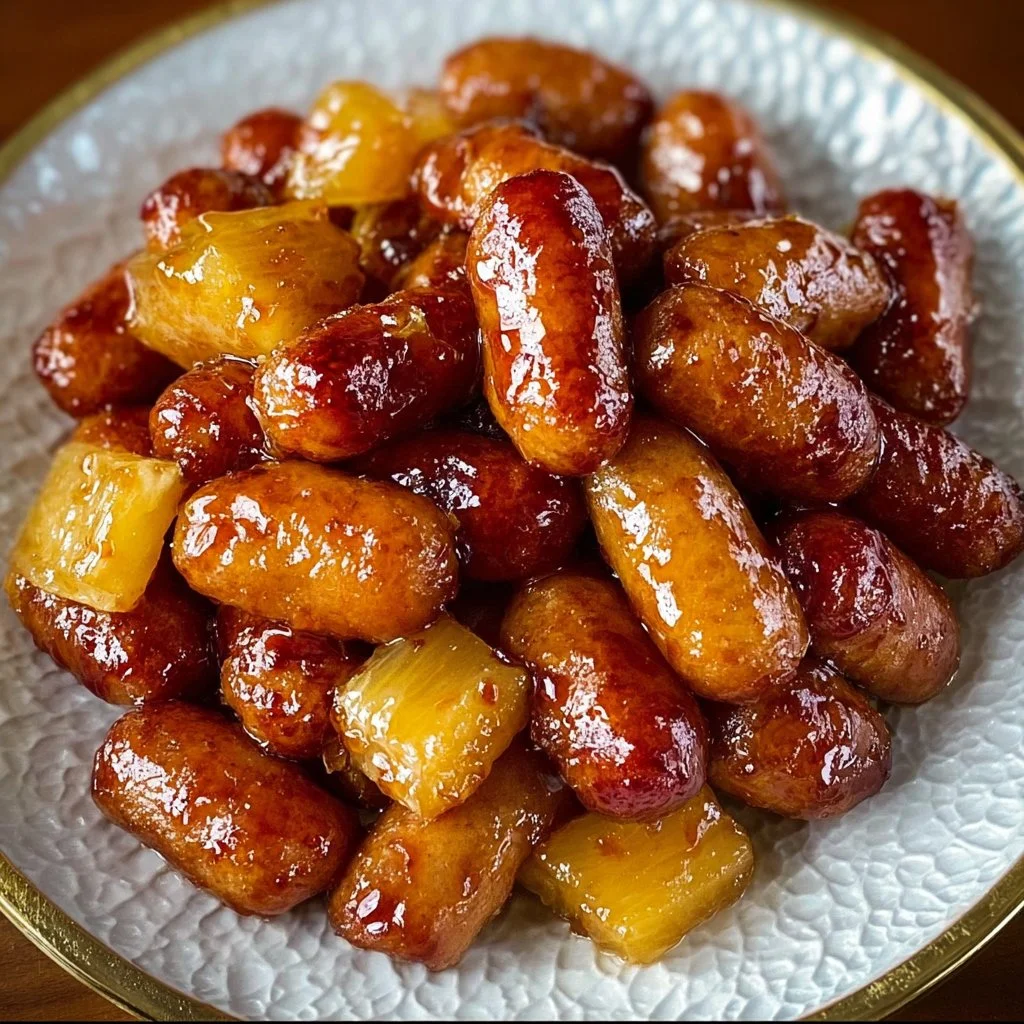 Pineapple Brown Sugar Mississippi Little Smokies on a serving platter