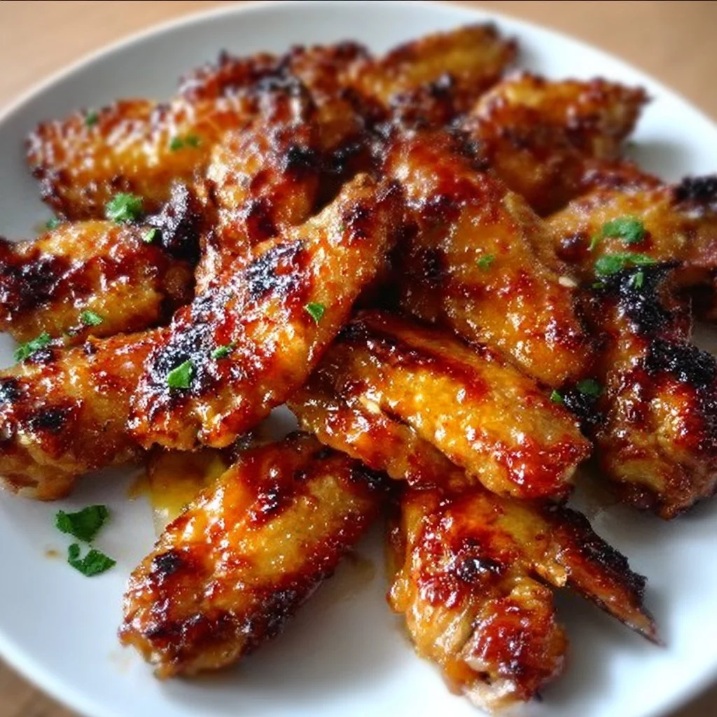 Pineapple-teriyaki chicken wings garnished and ready to serve.