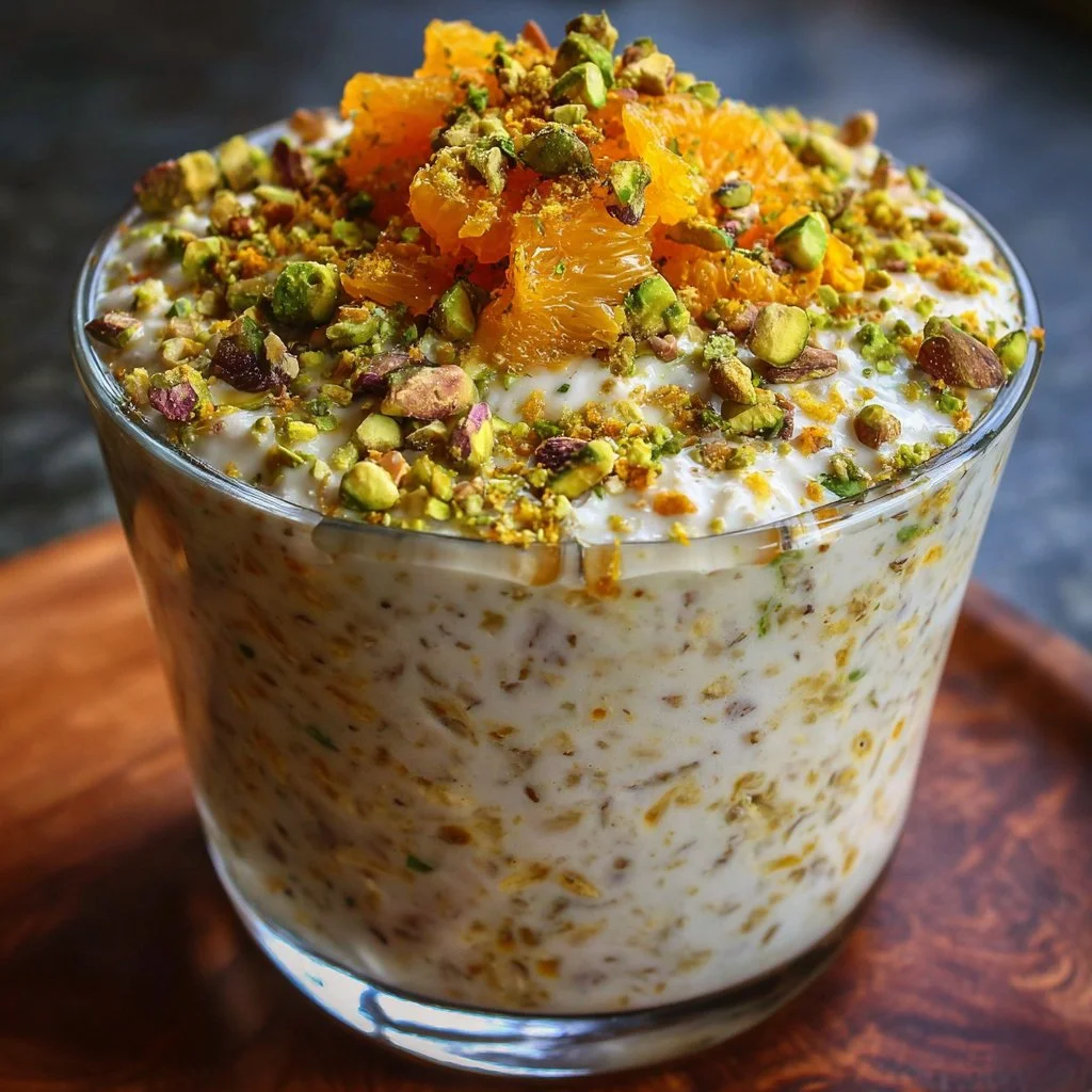 Bowl of Pistachio Orange Blossom Overnight Oats with fresh toppings