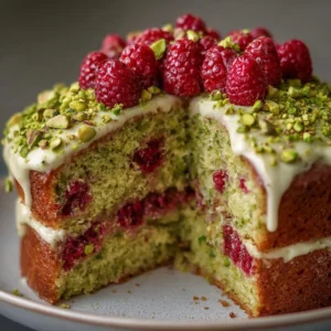 A beautifully decorated Pistachio Raspberry Cake with raspberries on top.