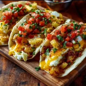 Delicious potato, egg, and cheese breakfast tacos served on a plate.