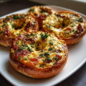Quiche Stuffed Bagels 3 Delicious quiche stuffed bagels filled with eggs and cheese on a plate