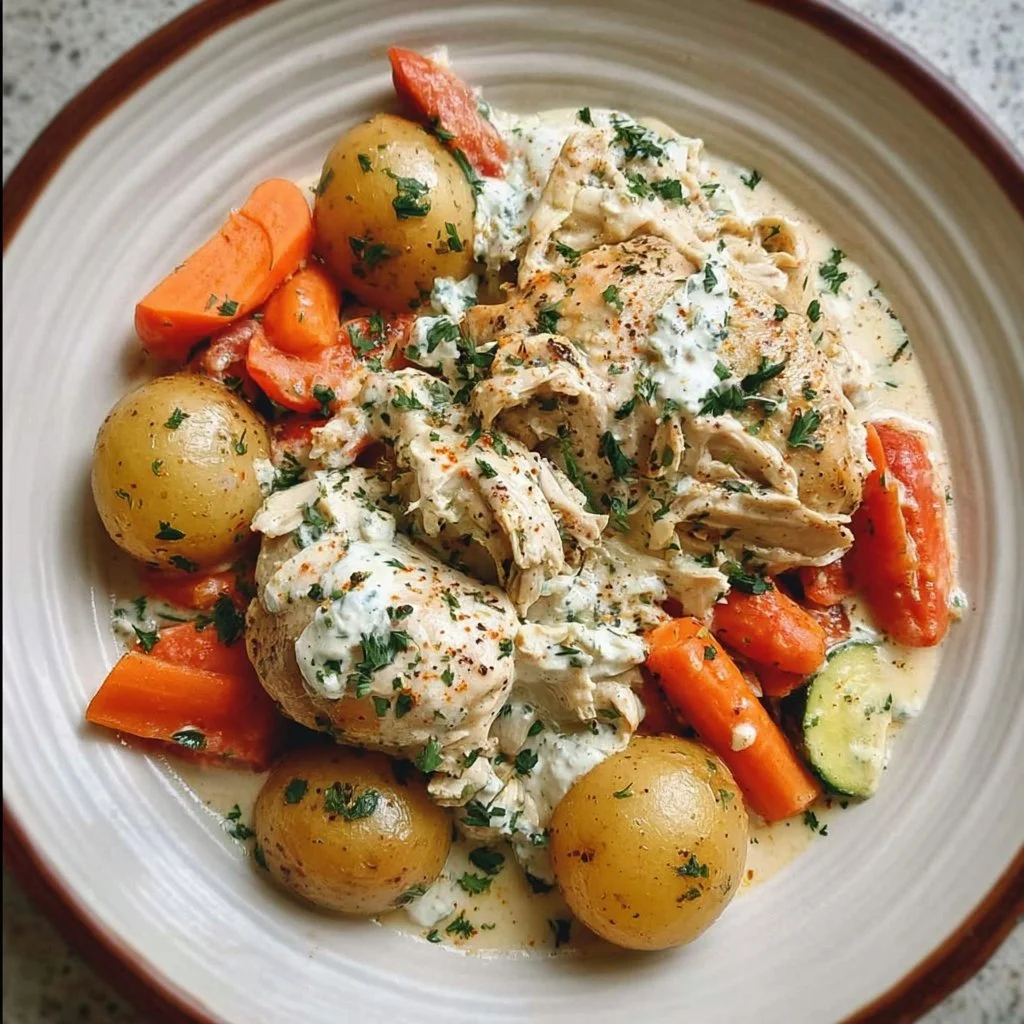 Ranch Chicken served with fresh veggies and cottage cheese in a colorful dish