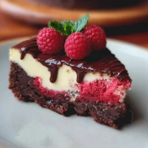 Delicious Raspberry Brownie Cheesecake with rich chocolate and raspberry layers