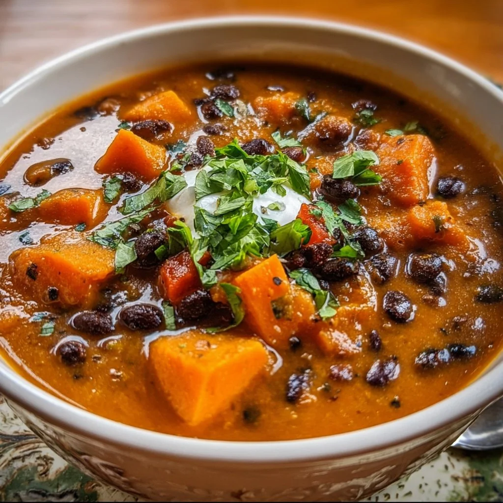 Roasted Sweet Potato and Black Bean Soup 1 Bowl of roasted sweet potato and black bean soup garnished with herbs.