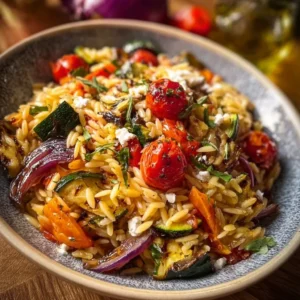 Bowl of roasted vegetable orzo with colorful veggies and herbs