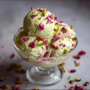 Rose Pistachio Ice Cream 3 A scoop of delicious Rose Pistachio Ice Cream in a decorative bowl with pistachios