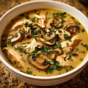 Delicious bowl of rotisserie chicken mushroom soup topped with herbs
