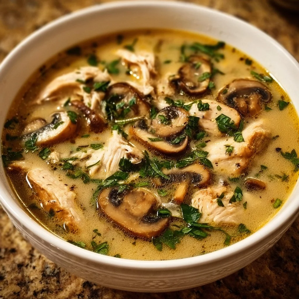 Delicious bowl of rotisserie chicken mushroom soup topped with herbs
