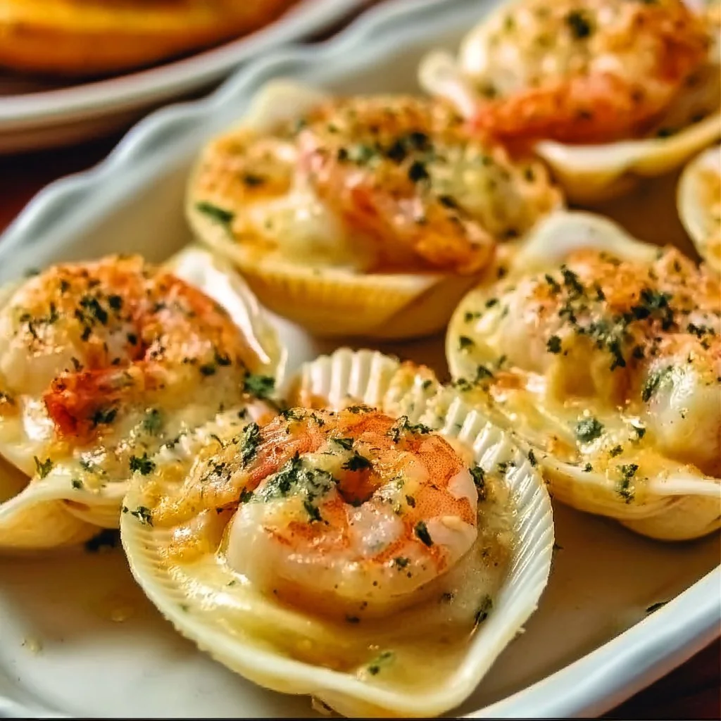 Delicious Seafood Stuffed Shells topped with sauce and herbs