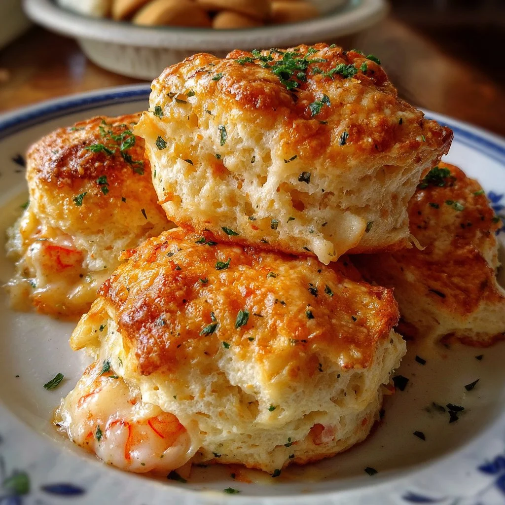 Shrimp Crab Biscuit Melts served on a plate with garnish