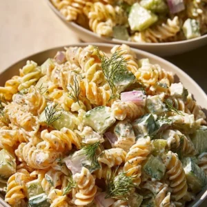Simple dill pickle pasta salad recipe with fresh ingredients and creamy dressing