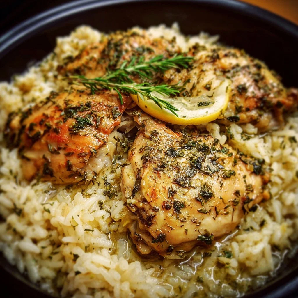 Slow Cooker Lemon Herb Chicken and Rice dish served on a plate