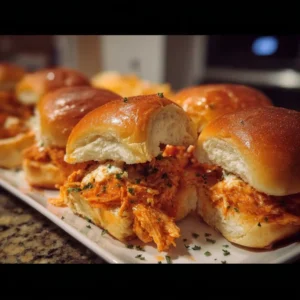 Spicy Buffalo chicken sliders with fresh ingredients served on a platter