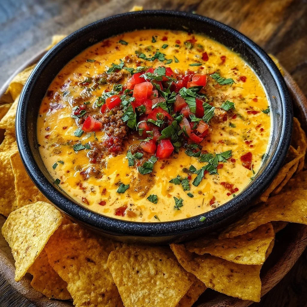 Delicious Spicy Cheesy Southwest Cowboy Queso served with tortilla chips.