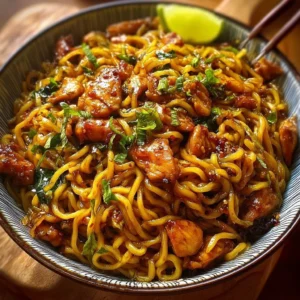 Delicious Sticky Garlic Chicken Noodles served in a bowl.
