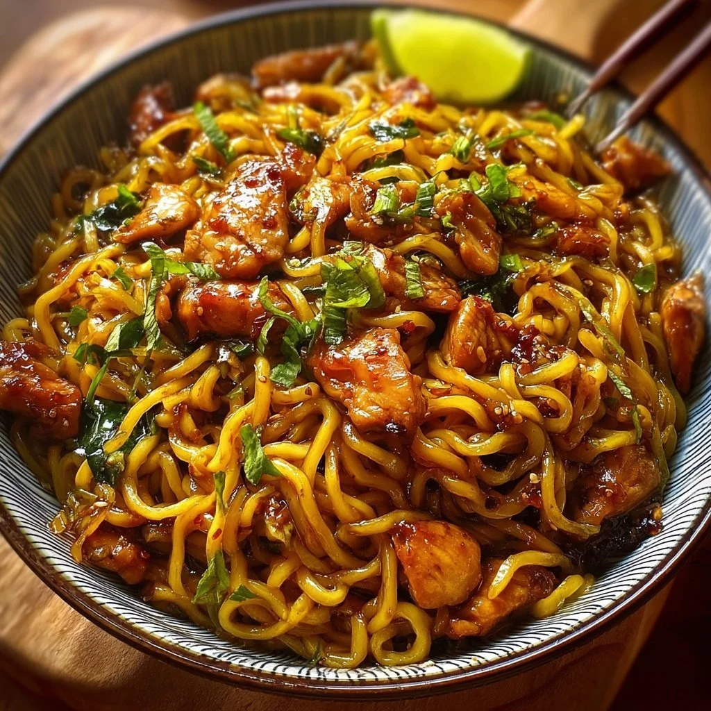 Delicious Sticky Garlic Chicken Noodles served in a bowl.