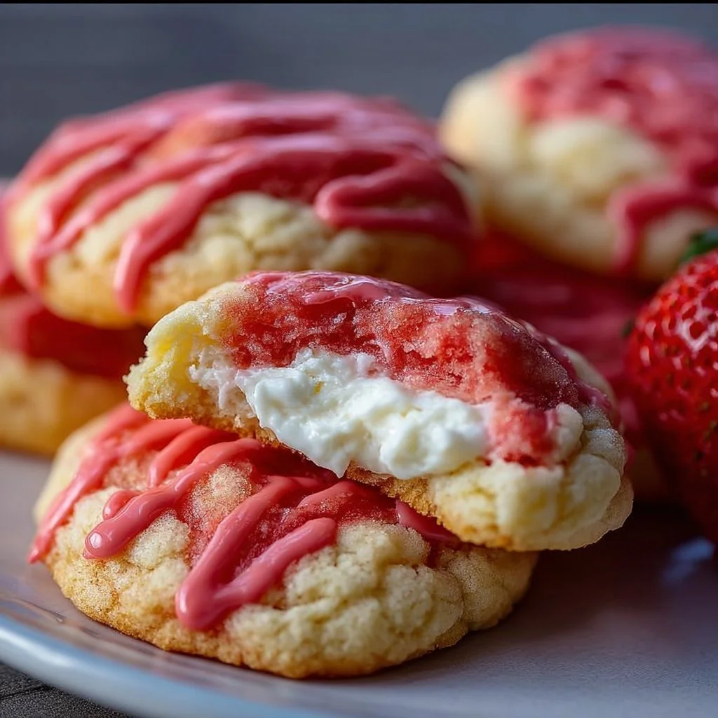 Delicious strawberry cheesecake cookies on a plate, ready to enjoy.