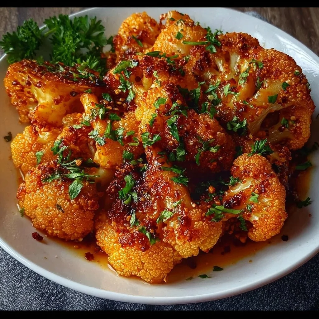 Sweet and spicy baked cauliflower served on a plate with garnishes.