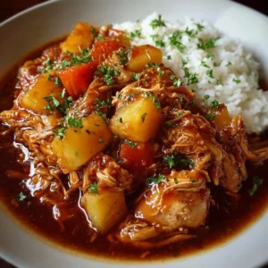Sweet Hawaiian Crockpot Chicken recipe served with rice and pineapple