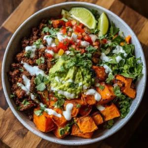 Delicious sweet potato taco bowl with toppings and colorful ingredients