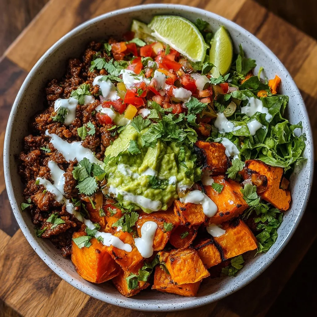 Delicious sweet potato taco bowl with toppings and colorful ingredients