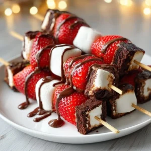 Sweet strawberry brownie kabobs on skewers, a delicious dessert treat.