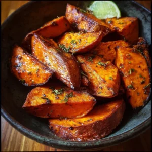 Tastiest Roasted Sweet Potatoes 3 Plate of deliciously roasted sweet potatoes served as a side dish