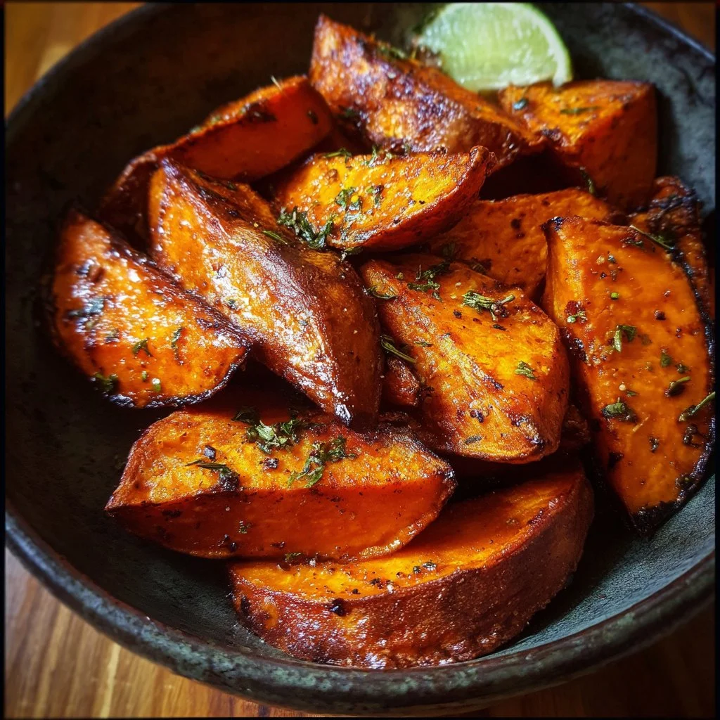 Plate of deliciously roasted sweet potatoes served as a side dish