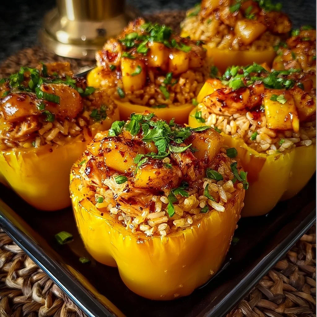 Teriyaki Pineapple Chicken and Rice Stuffed Peppers served on a plate