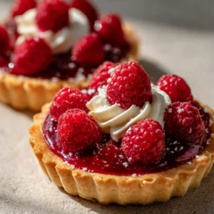 Vegan Raspberry Curd Tarts on a wooden table, garnished with fresh raspberries.
