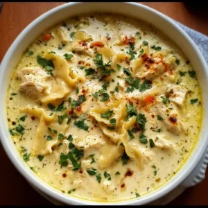 Bowl of creamy white chicken lasagna soup topped with herbs and cheese.