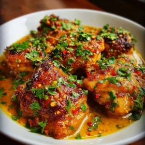 Delicious Bang Bang Chicken thighs served with a spicy sauce and garnished.