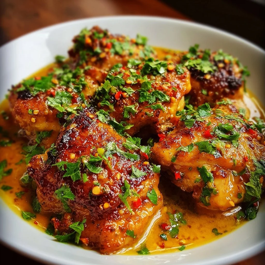 Delicious Bang Bang Chicken thighs served with a spicy sauce and garnished.