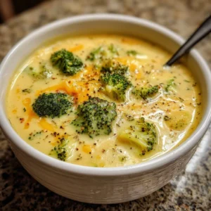 Bowl of creamy Broccoli Potato Cheese Soup garnished with fresh herbs