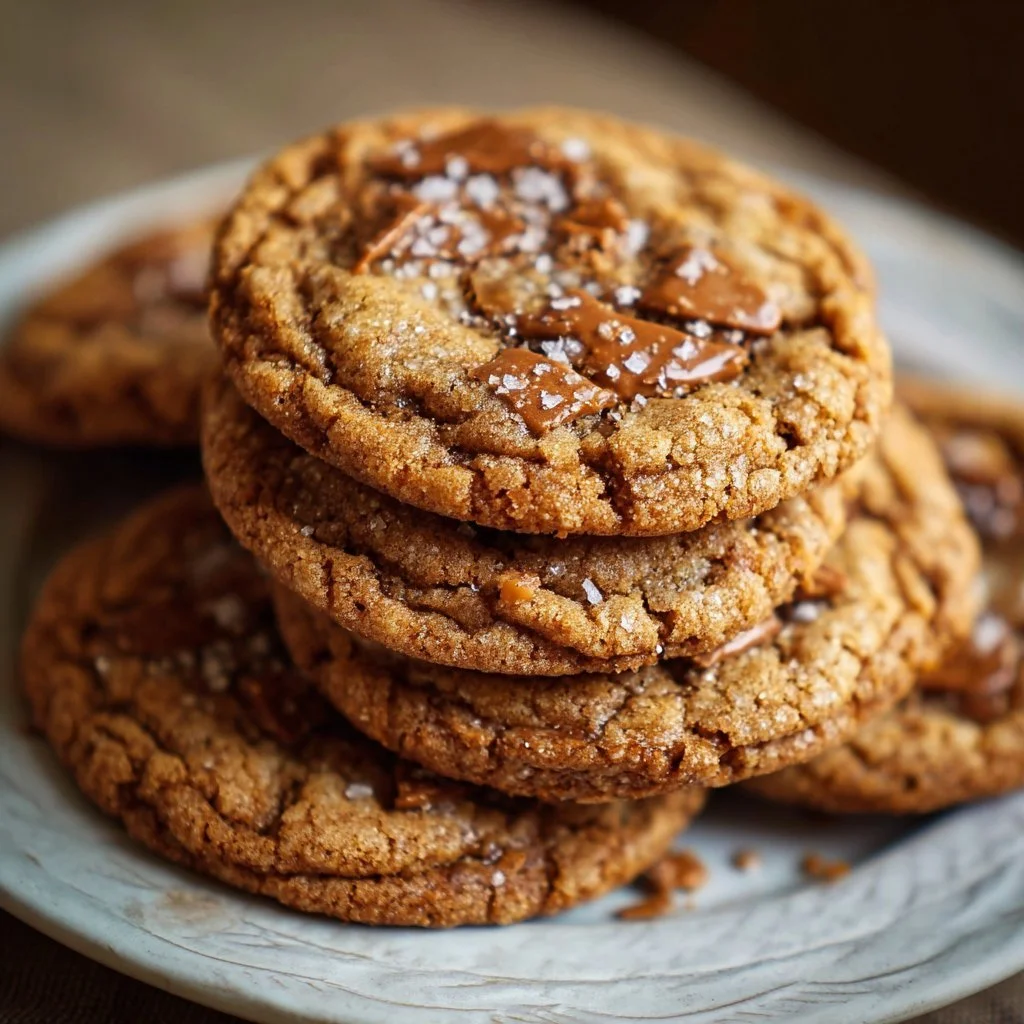 Batch of brown butter coffee toffee cookies on a baking sheet