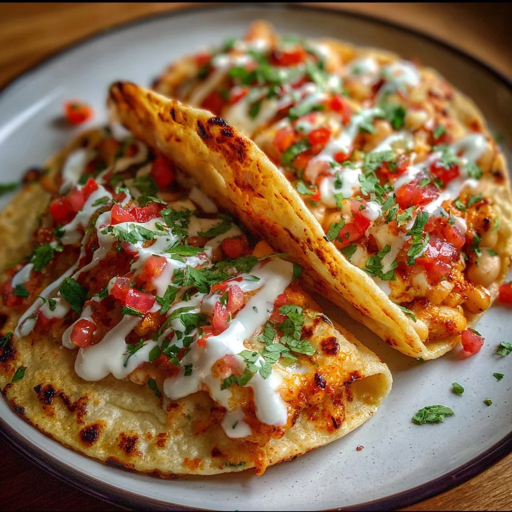 Plate of Buffalo White Bean Tacos topped with fresh ingredients and sauces.